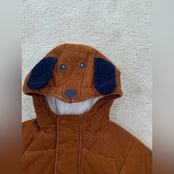 Mini Boden Size 18-24 Months Brown Corduroy Sherpa Lined Dog Hooded Puffer Coat - Picture 3 of 10